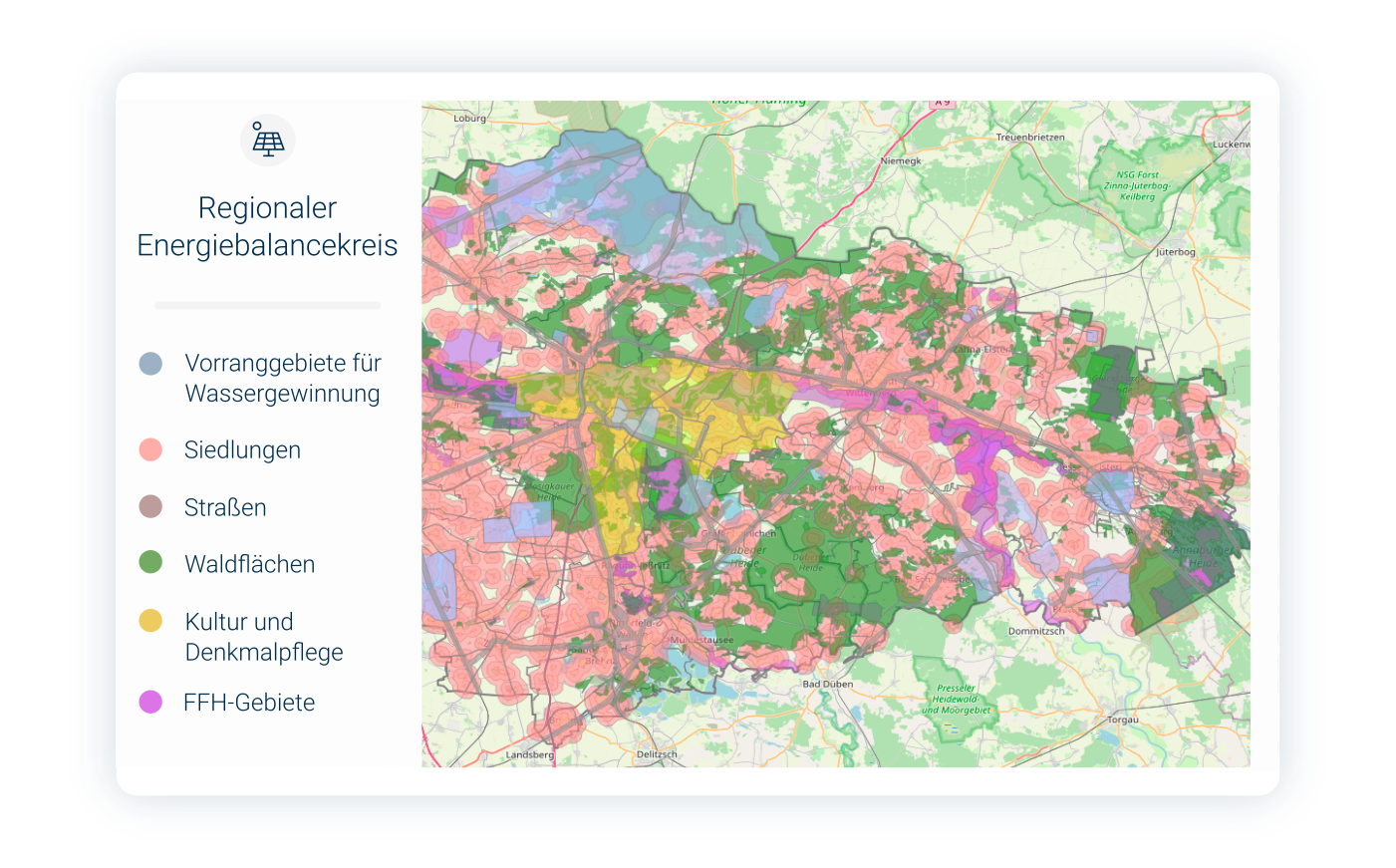 Karte einer deutschen Region mit gefärbten Flächen in einer App